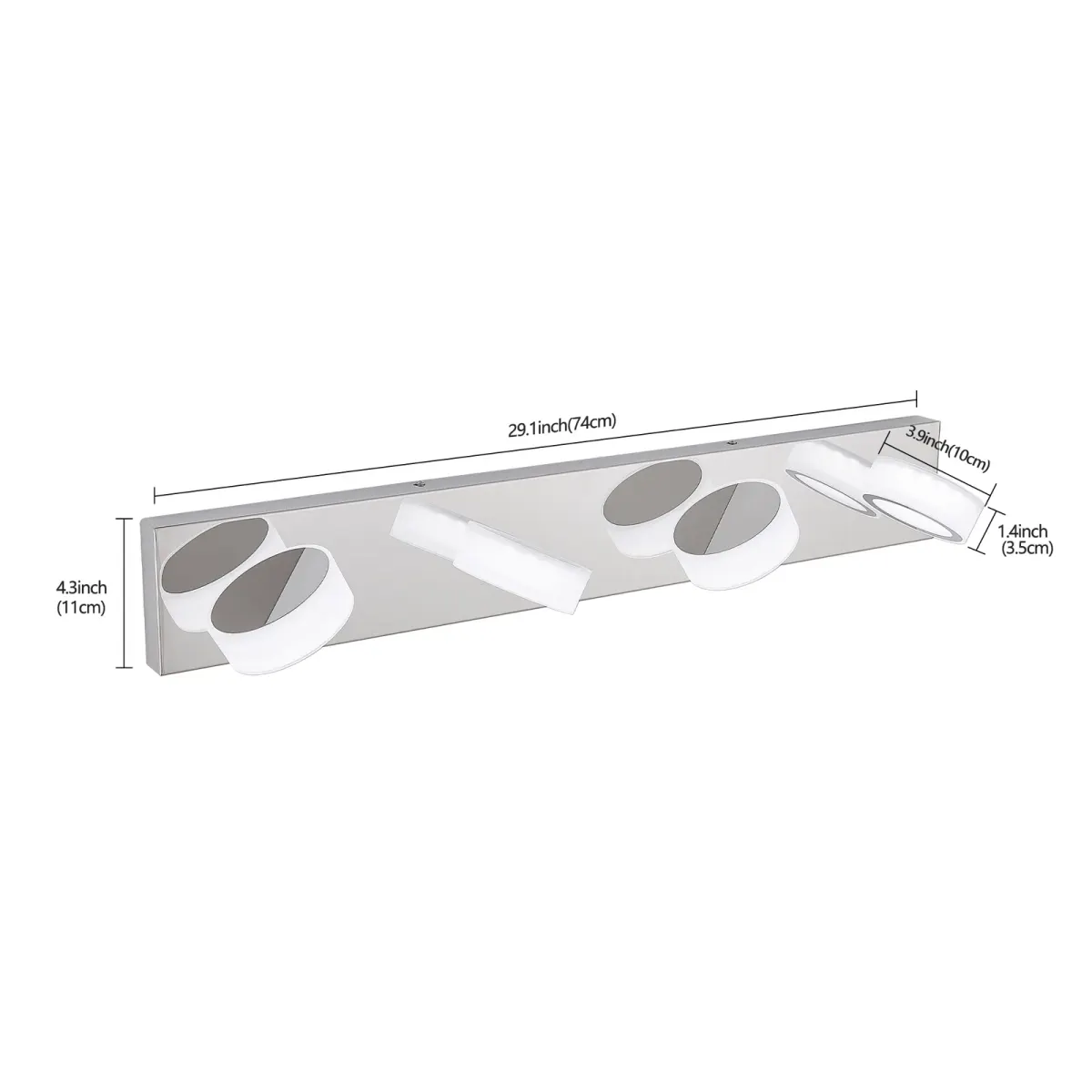 Acrylic shade vanity bar, 4 lights, chrome, dimension drawing 1