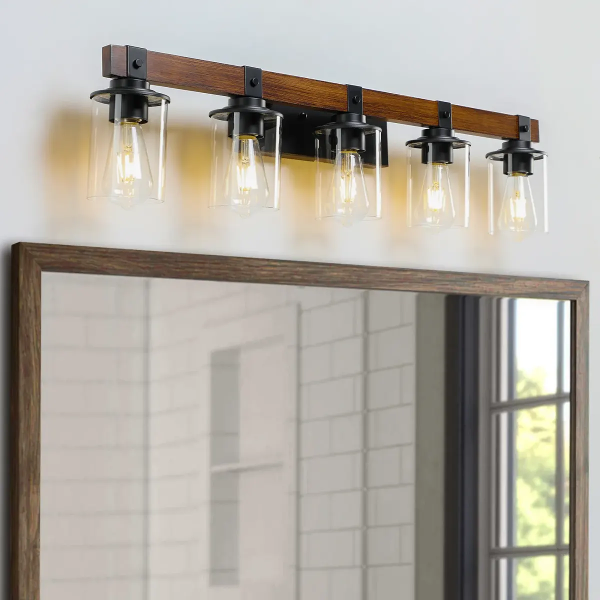 Wood vanity bar, 5 lights, walnut, view 2