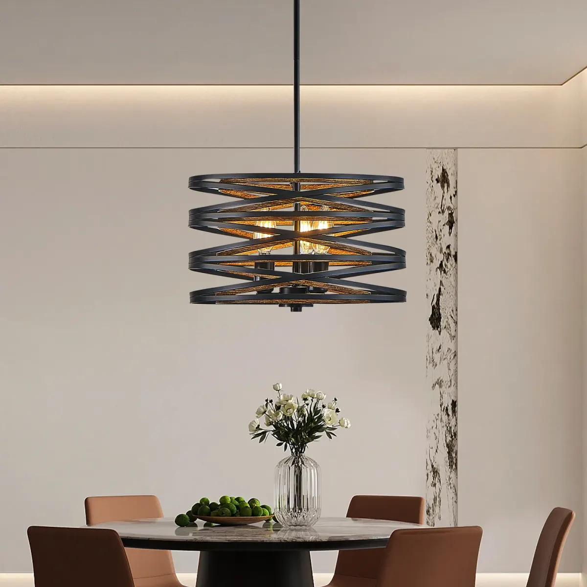 3-light wood cage chandelier, walnut, view 2