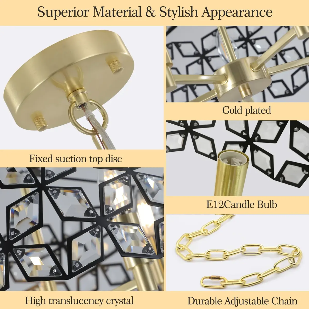 5-light crystal geometric chandelier, black,gold,transparent, manufacturer image 4