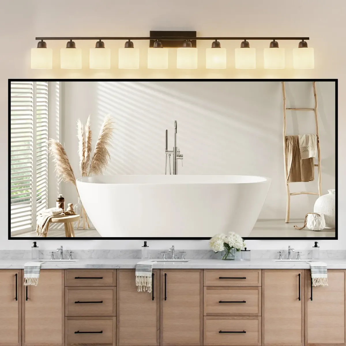 Frosted glass vanity bar, 10 lights, black