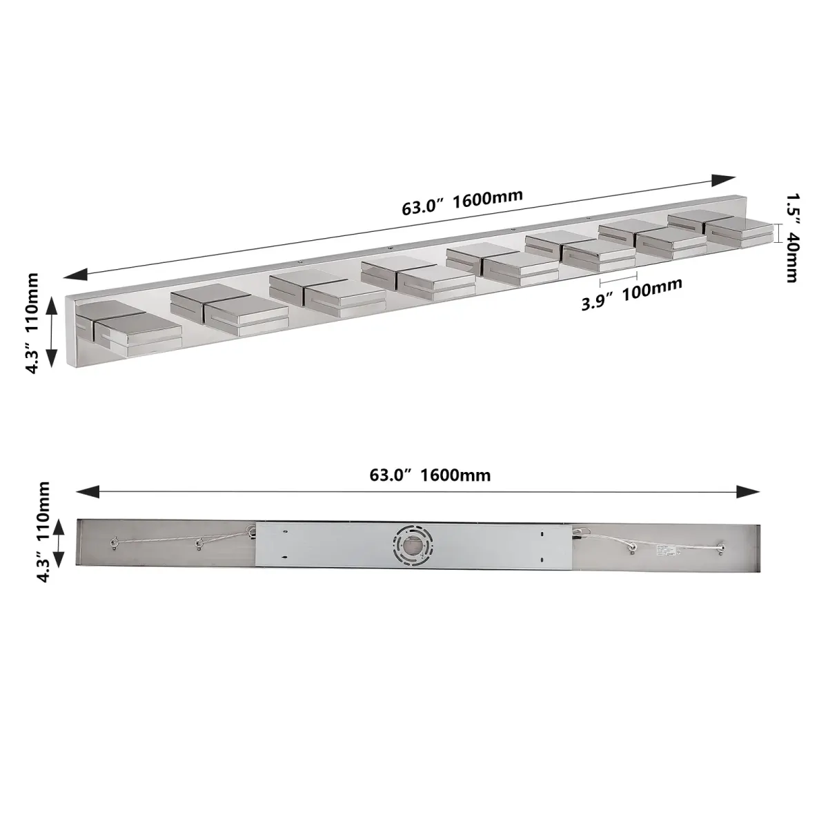 Minimalist LED vanity bar, 8 lights, chrome, dimension drawing 1