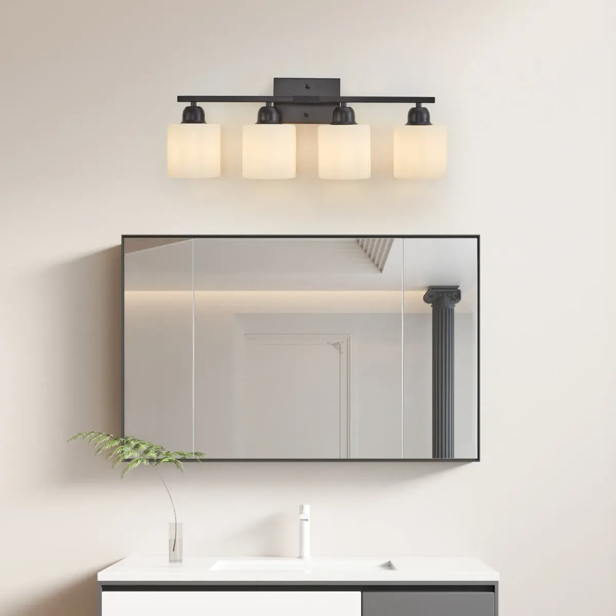 Frosted glass vanity bar, 4 lights, black