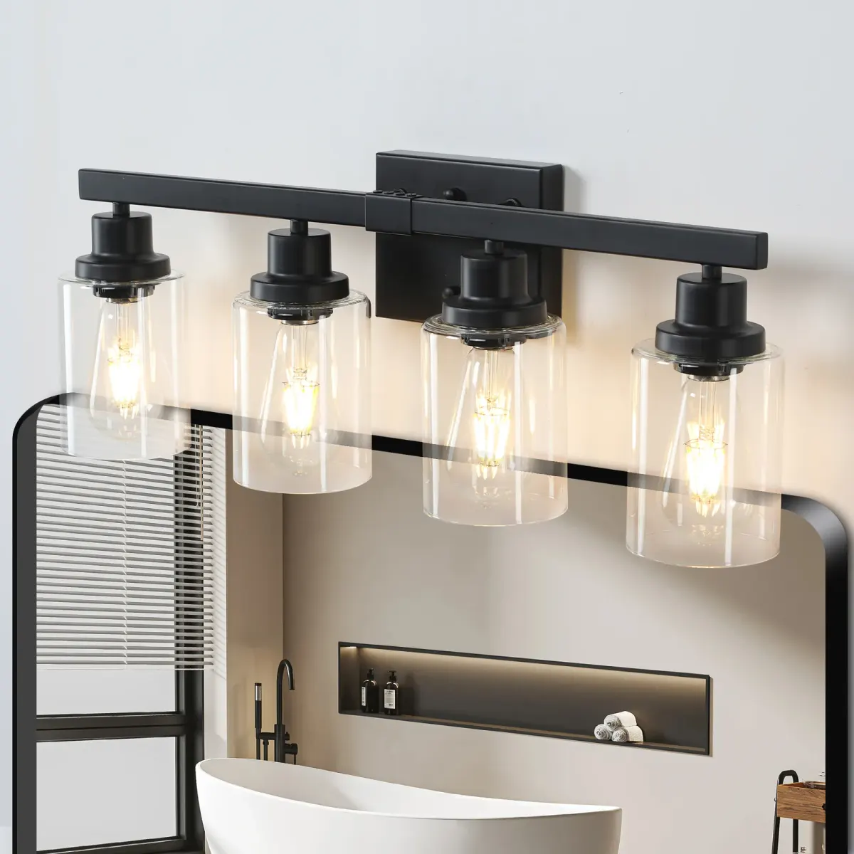 Clear glass vanity bar, 4 lights, black, view 5