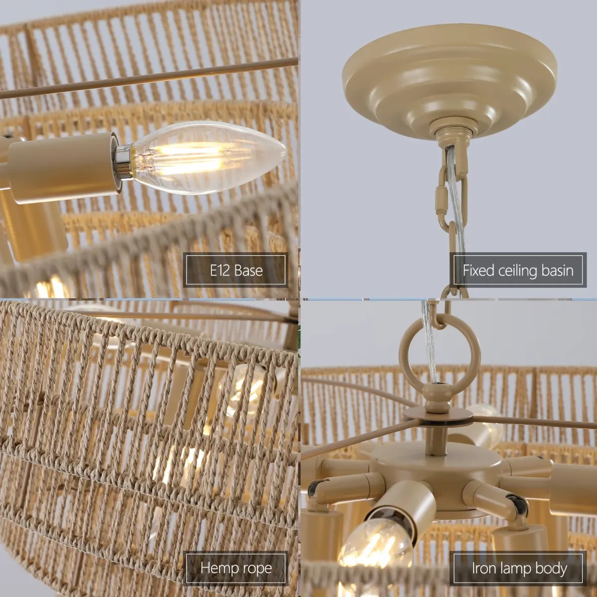 Rope chandelier, 23.6 in, wood, manufacturer image 2