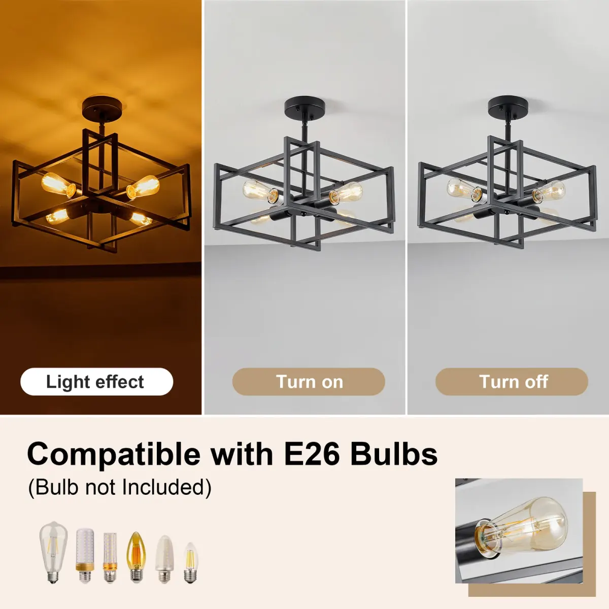Flush mount chandelier, 4 lights, black, manufacturer image 2