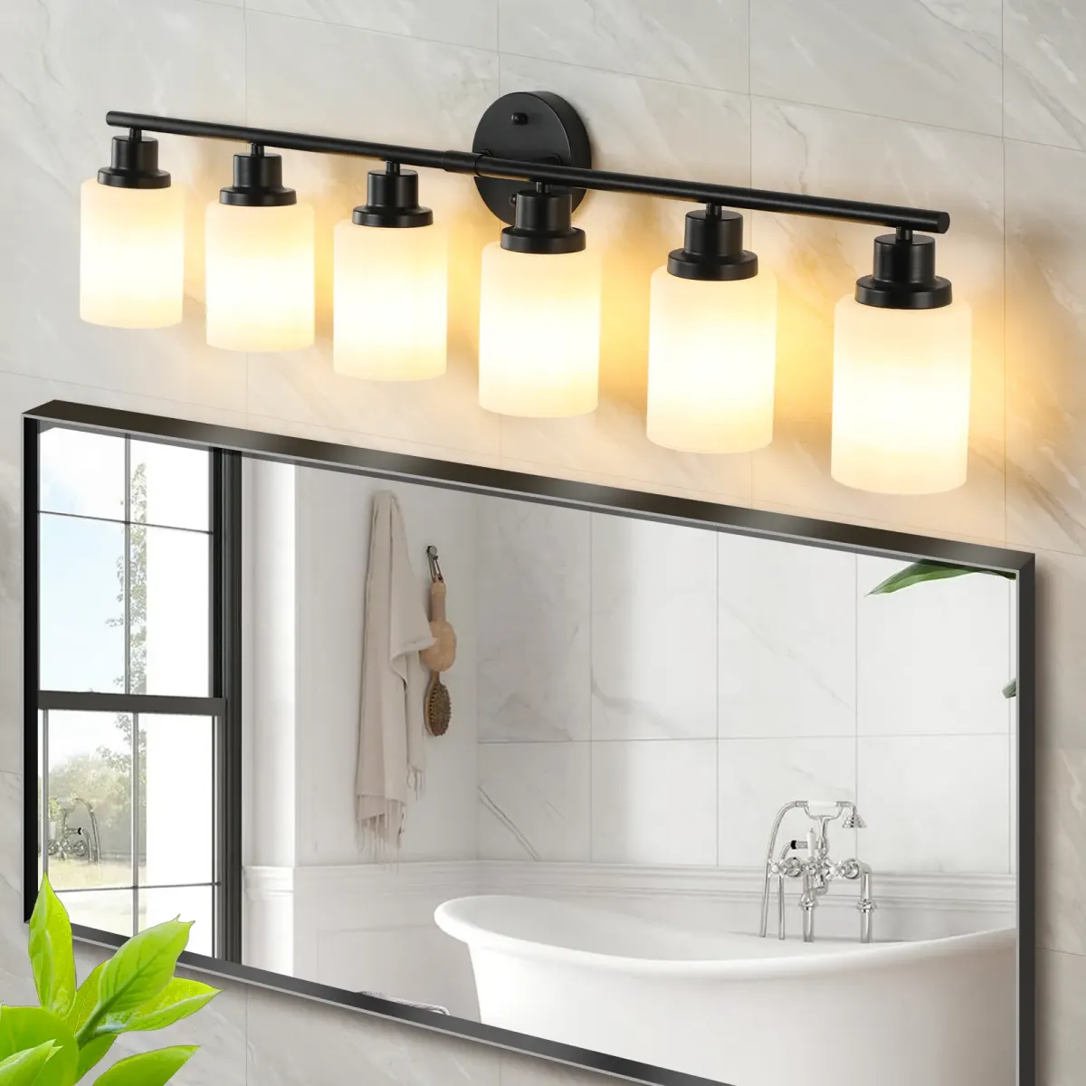 Frosted glass vanity sconce, 6 lights, black, view 4