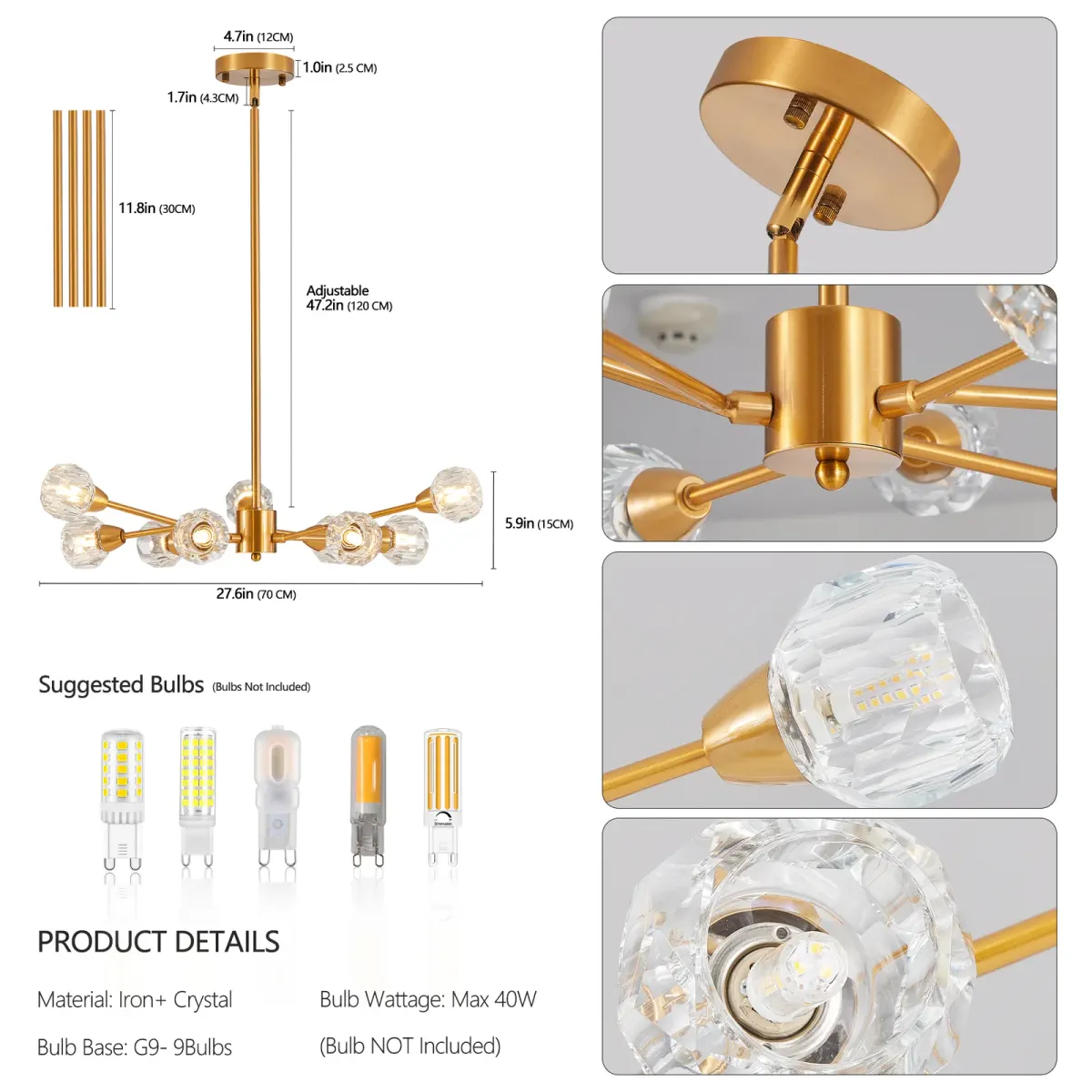 Crystal chandelier, 9 lights, 9 lights, gold, manufacturer image 2