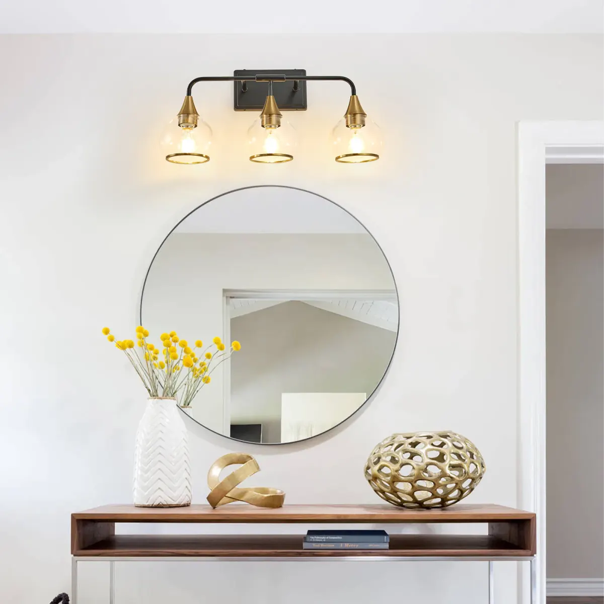Clear glass vanity bar, 3–6 lights, 22.6–48.1 in, 3 lights, black and gold