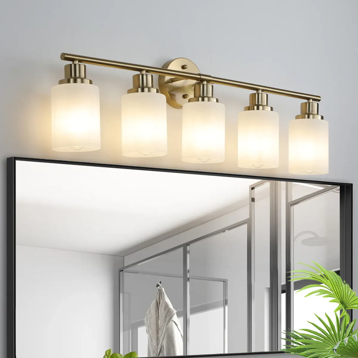 Frosted glass vanity sconce, 5 lights, copper tone, view 5