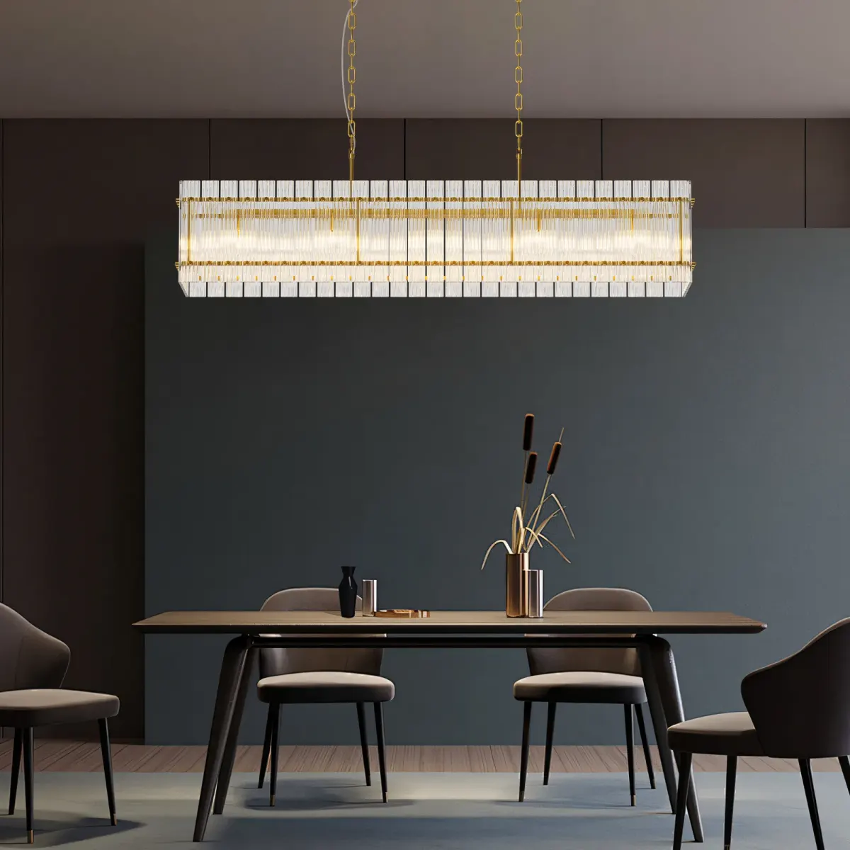 10-light crystal rectangle chandelier, gold, view 3