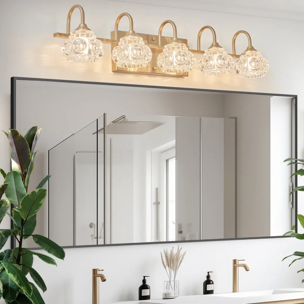 Crystal glass vanity bar, 5 lights, gold