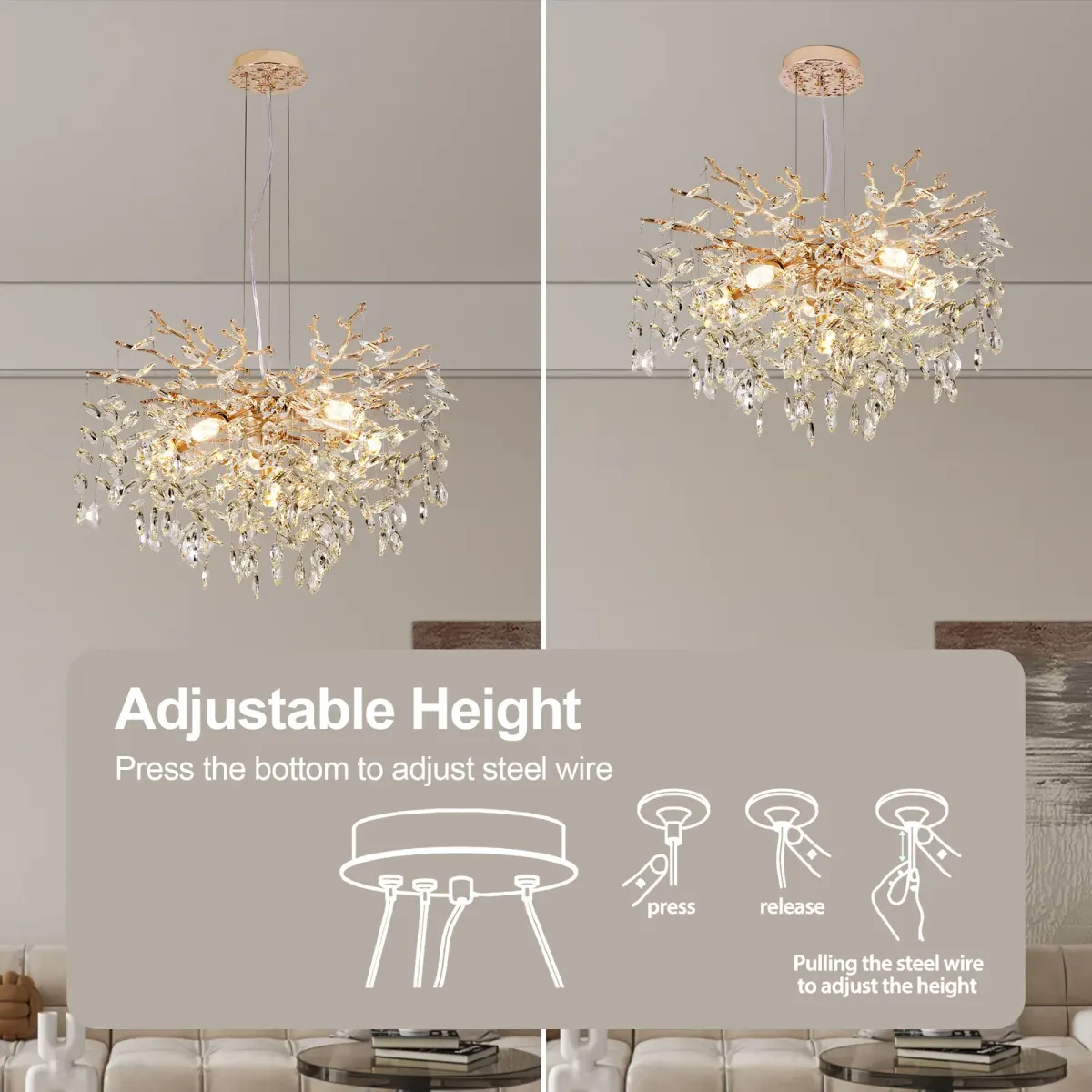 6-light crystal branch chandelier, gold, view 3
