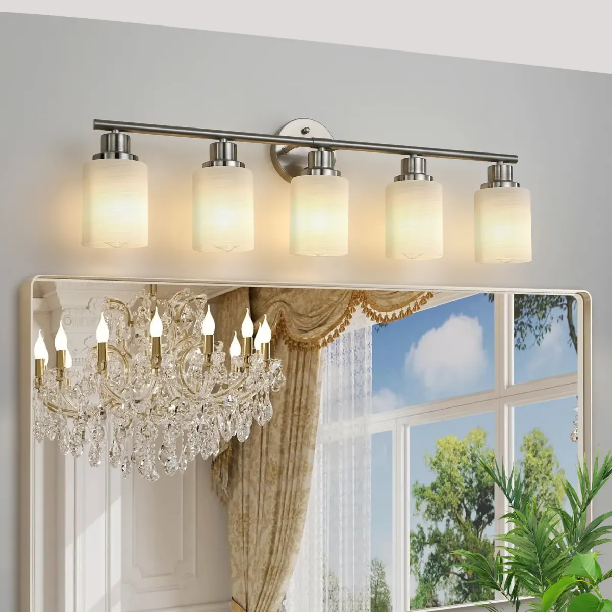 Frosted glass vanity sconce, 5 lights, chrome