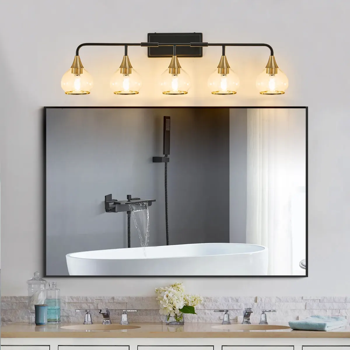 Clear glass vanity bar, 3–6 lights, 22.6–48.1 in, 5 lights, black and gold, view 2