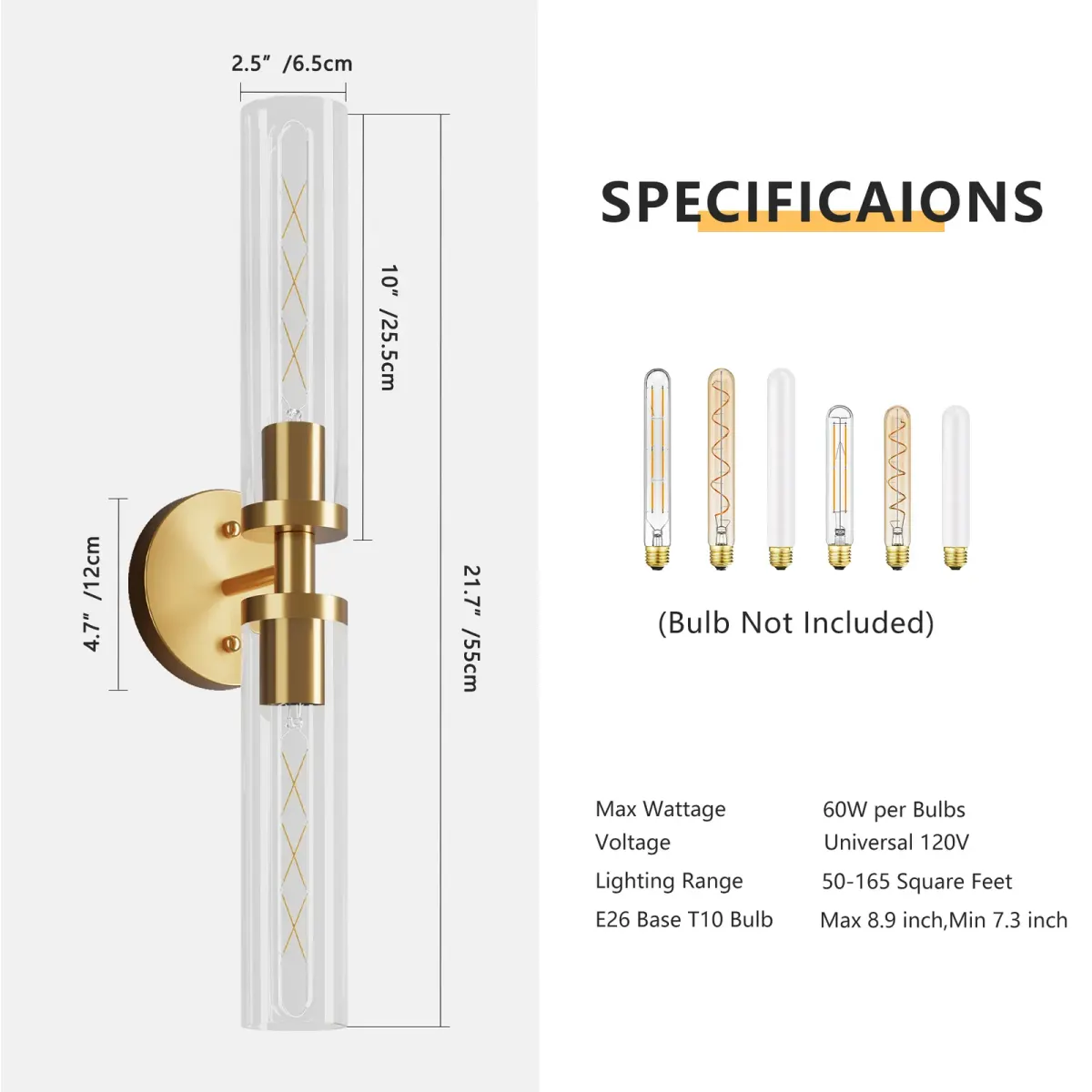 Clear glass wall sconce, 21.7 in, gold, dimension drawing 1