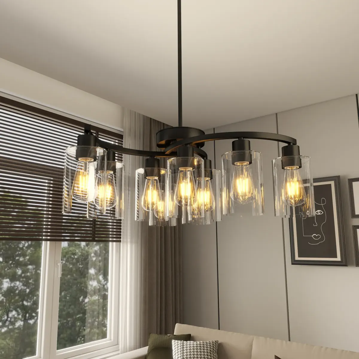 9-light clear glass chandelier, black