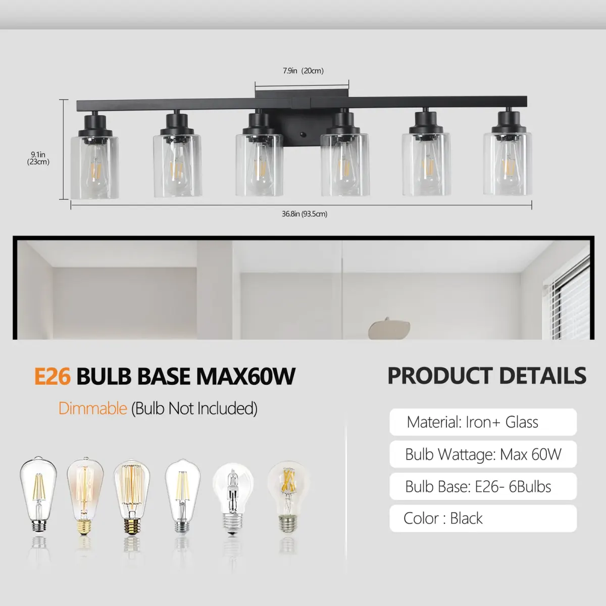 Clear glass vanity bar, 6 lights, black, dimension drawing 1