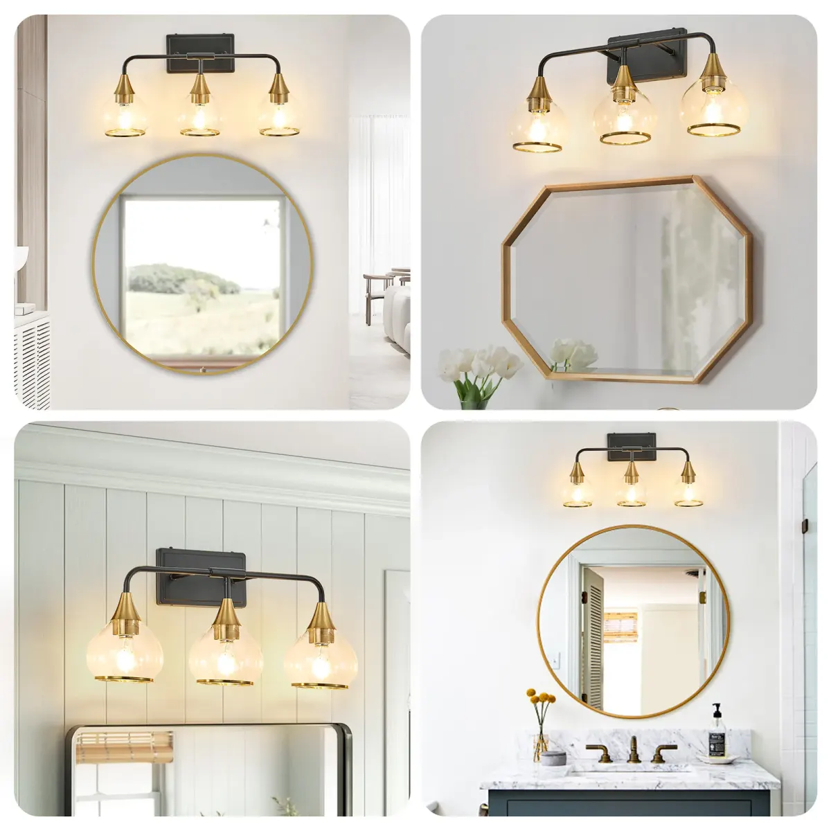 Clear glass vanity bar, 3–6 lights, 22.6–48.1 in, 3 lights, black and gold, view 5