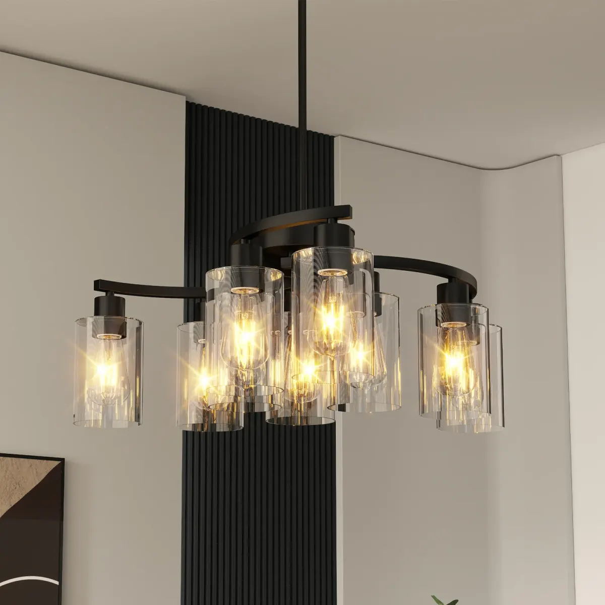 9-light clear glass chandelier, black, view 3