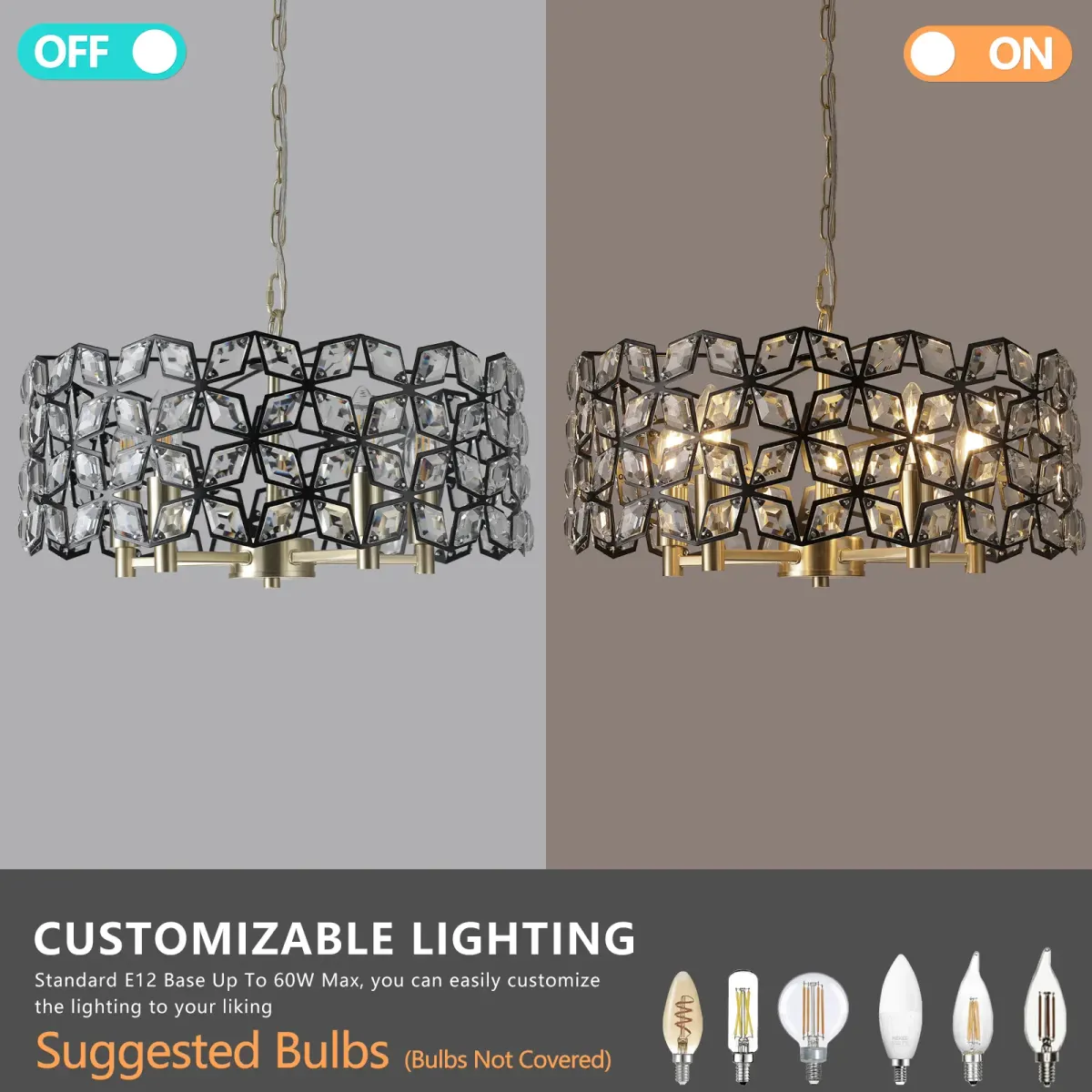 5-light crystal geometric chandelier, black,gold,transparent, manufacturer image 3