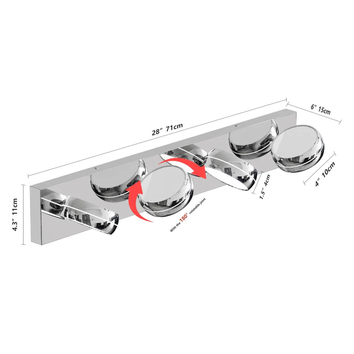 Swivel-head LED vanity light, 4 lights, chrome, view 4