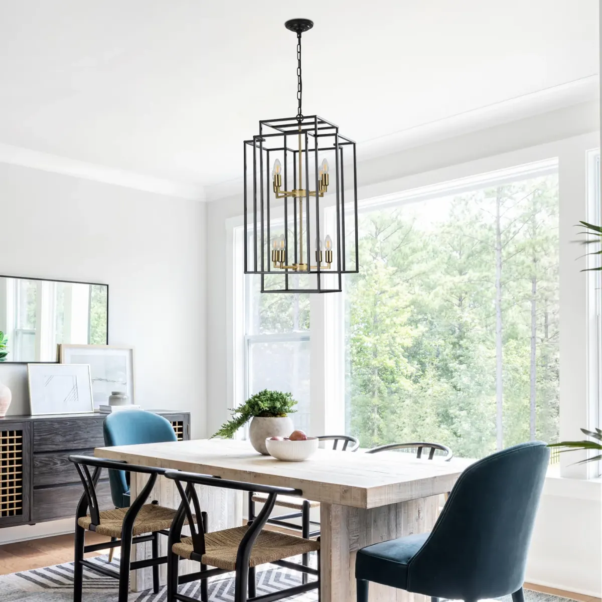 Geometric pendant chandelier, 8 lights, black and gold