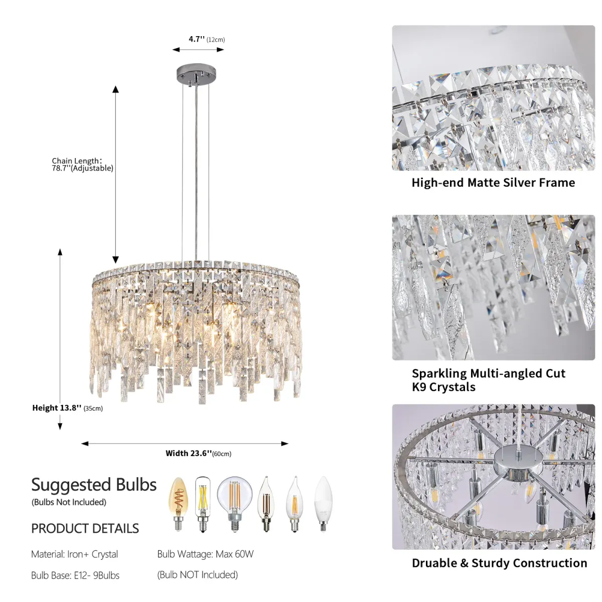 Crystal rectangle chandelier, 23.6 in, chrome, manufacturer image 2