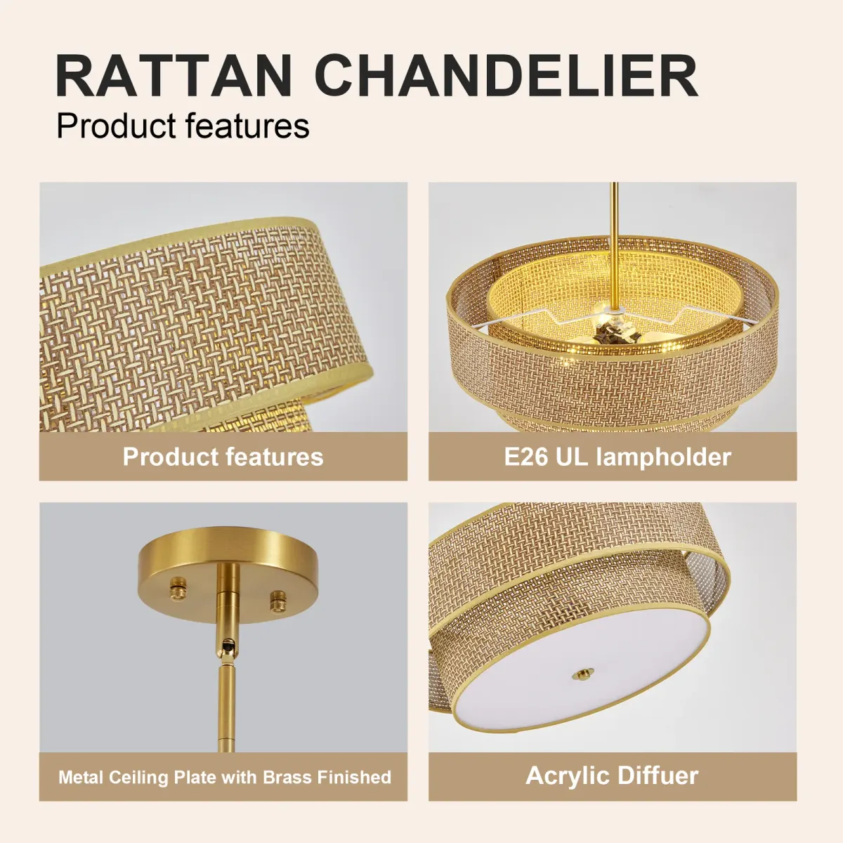 Rattan drum chandelier, 17.7 in, gold, manufacturer image 1