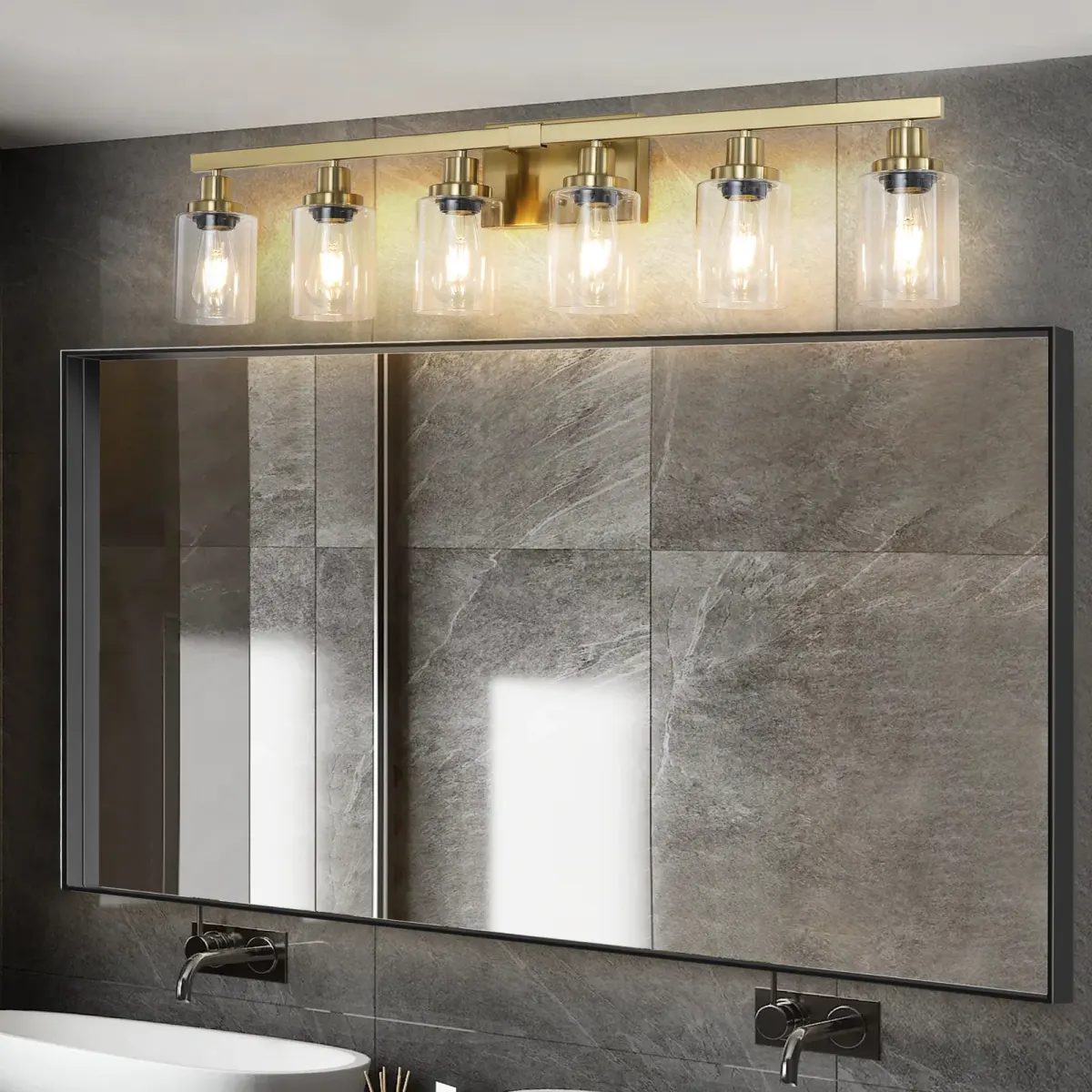 Clear glass vanity bar, 6 lights, gold, view 2