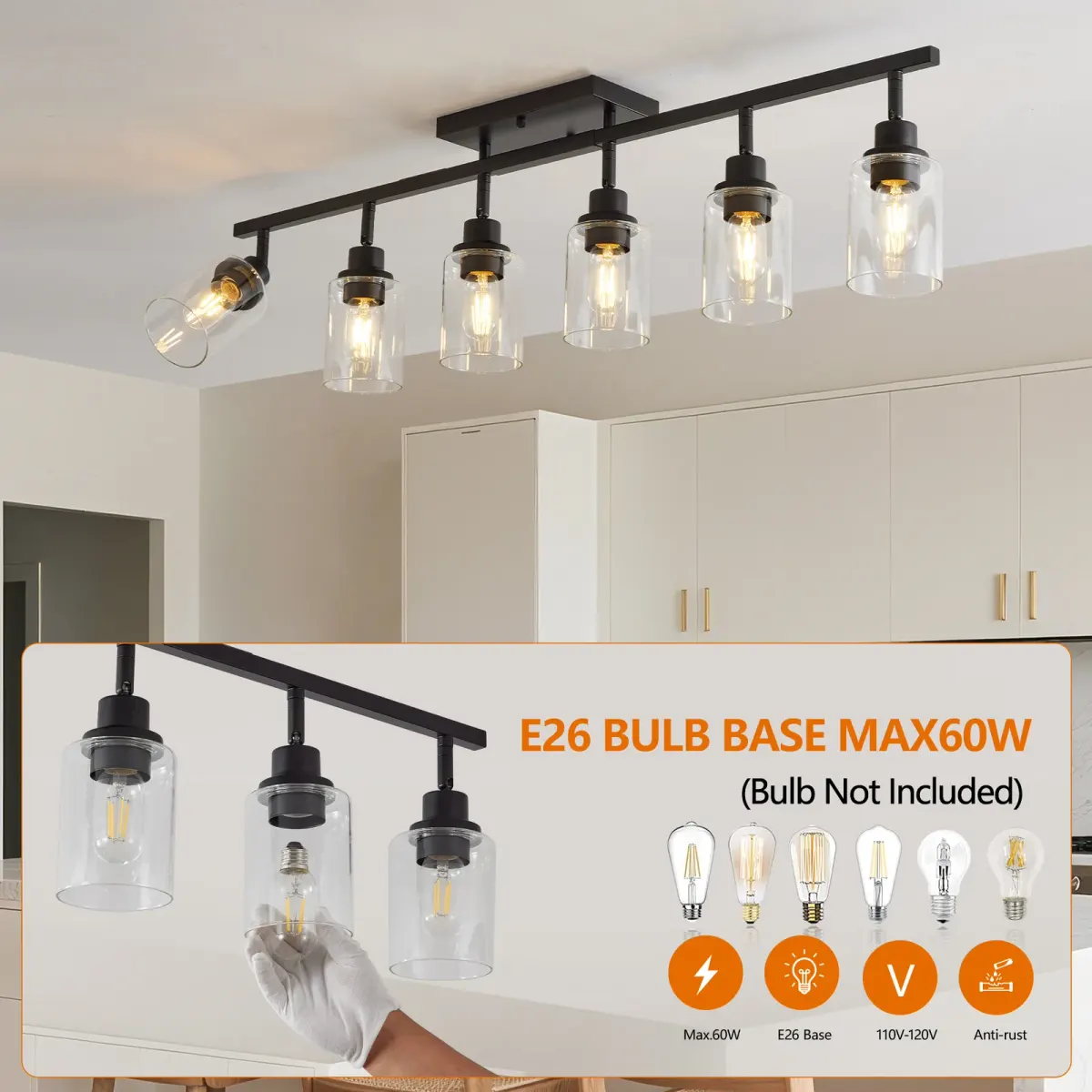 Clear glass semi-flush mount, 6 lights, black, manufacturer image 2