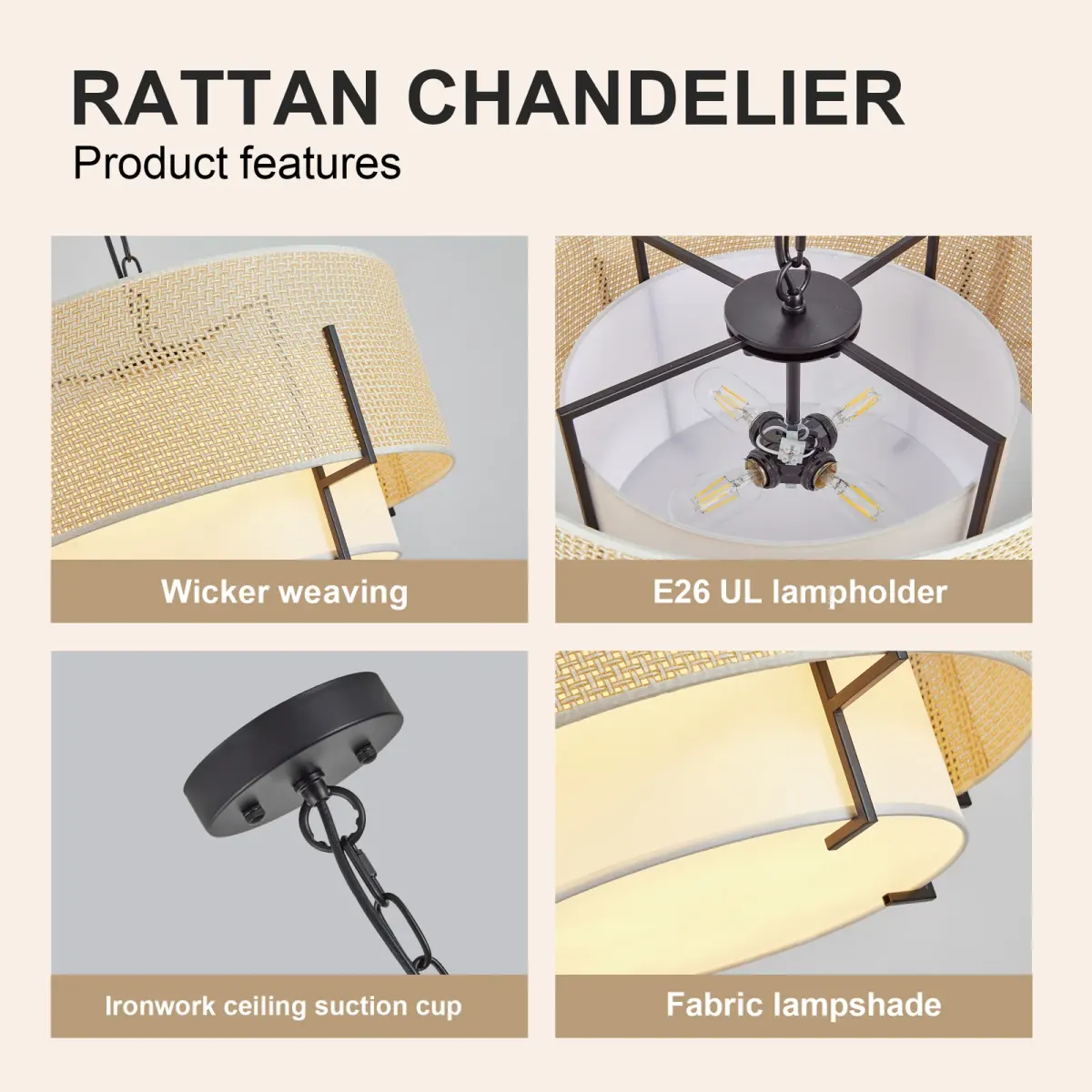 Rattan drum chandelier, 4 lights, gold, view 4