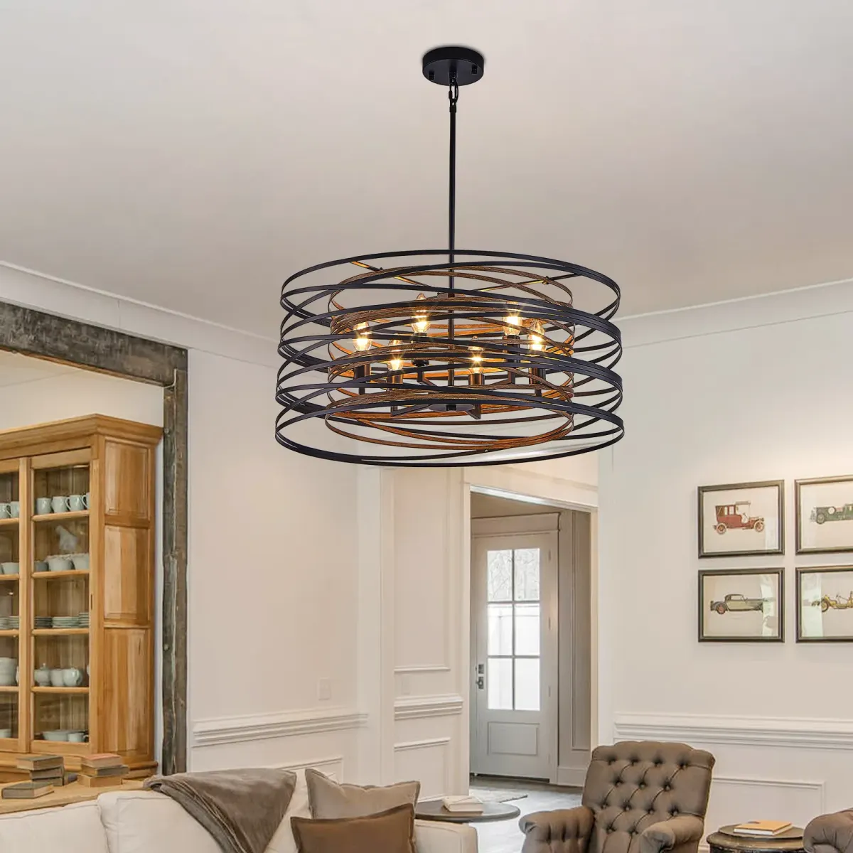 6-light wood cage chandelier, walnut, view 3