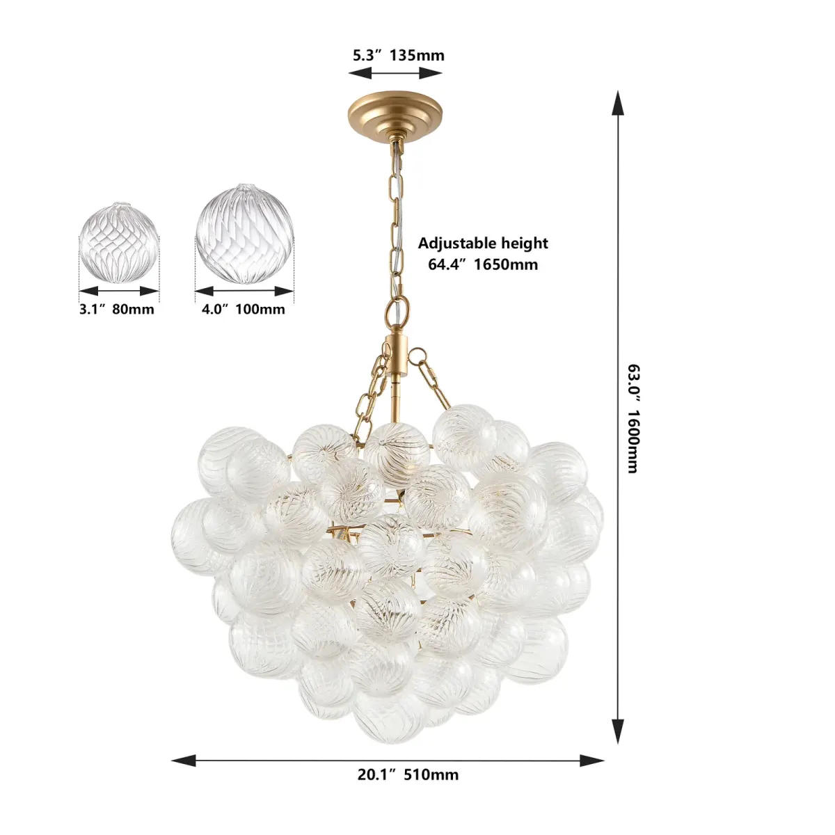 Clear glass glass globe chandelier, 20.1 in, gold, dimension drawing 2