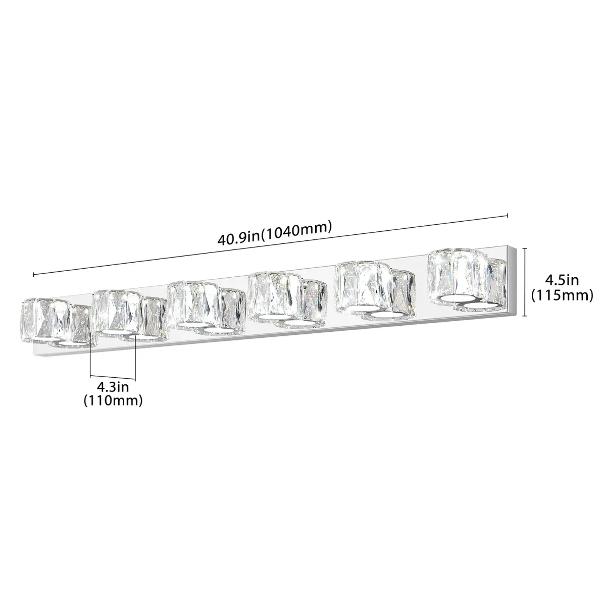 Crystal vanity bar, 5–6 lights, 6 lights, chrome, dimension drawing 1