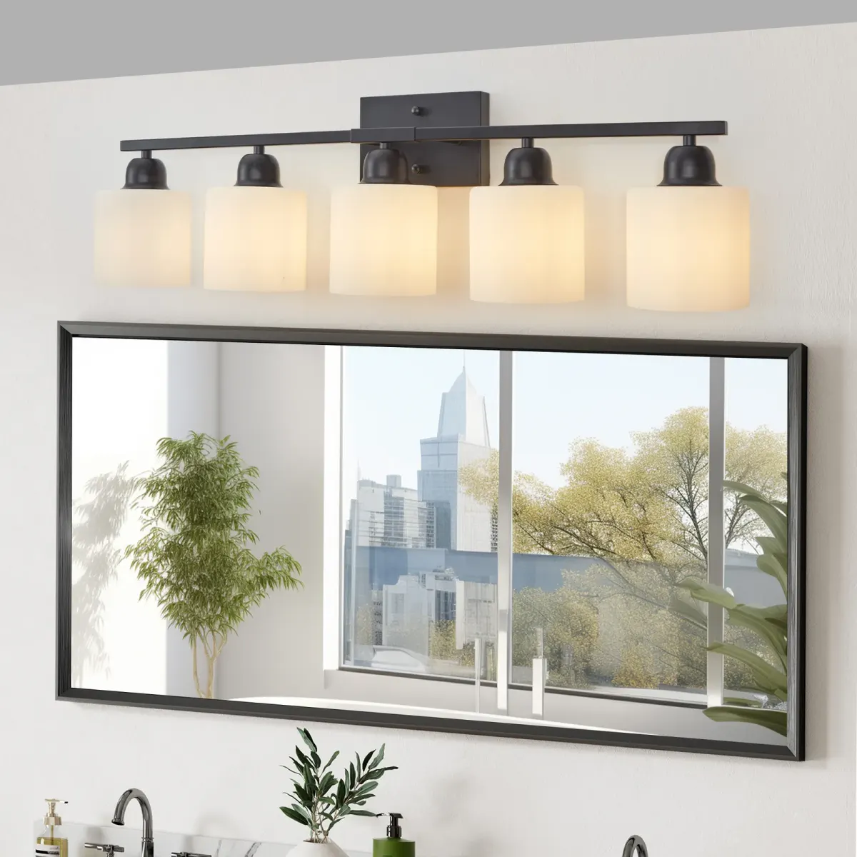 Frosted glass vanity bar, 5 lights, black, view 4