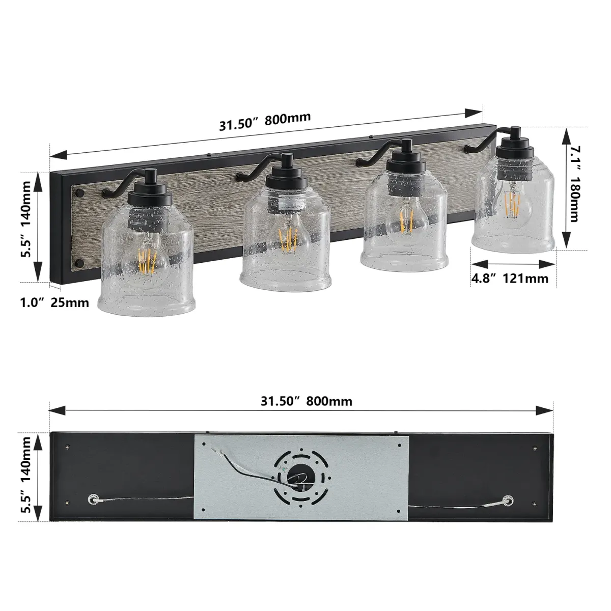 Seeded glass wood vanity bar, 4 lights, black, dimension drawing 2
