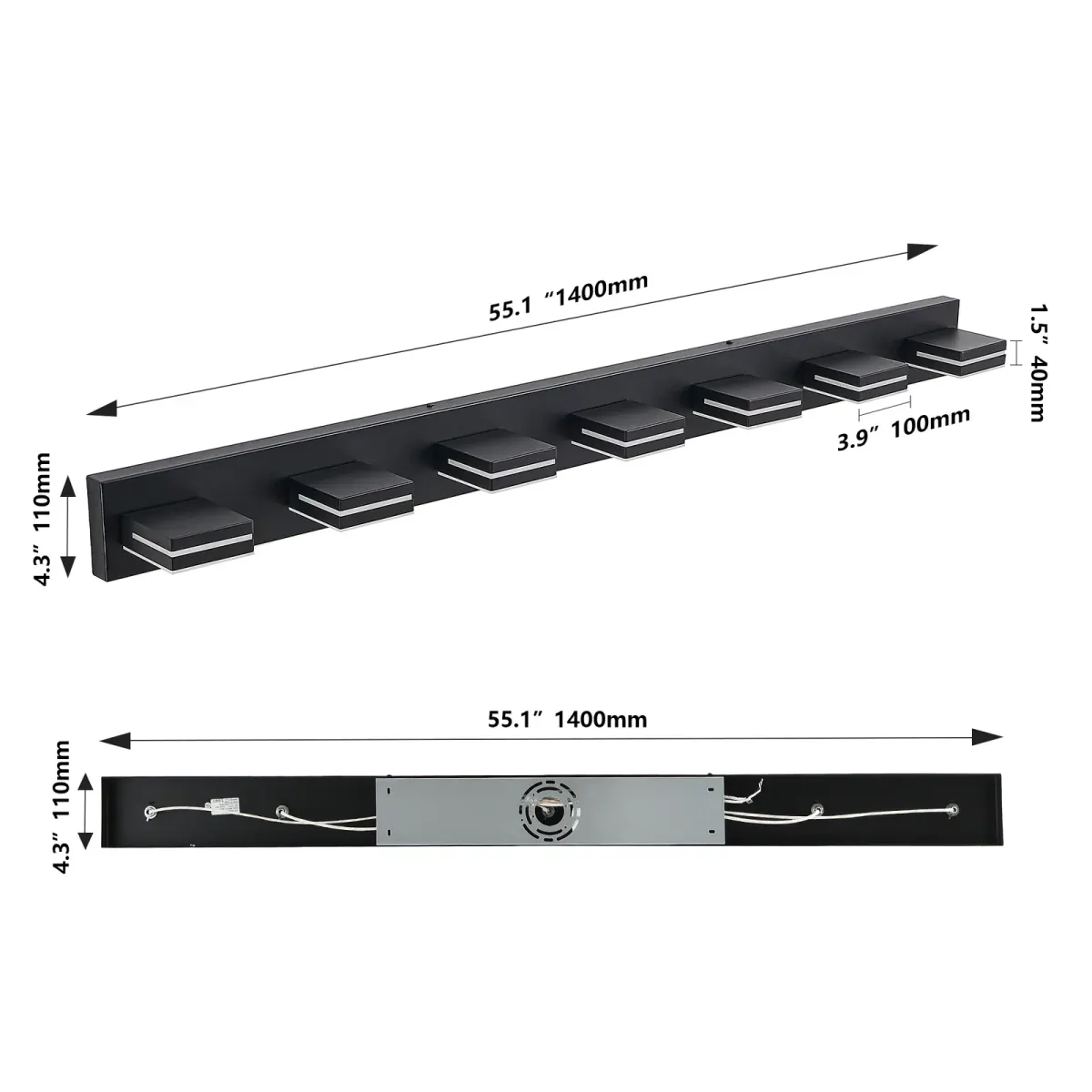 Minimalist LED vanity bar, 7 lights, black, dimension drawing 2