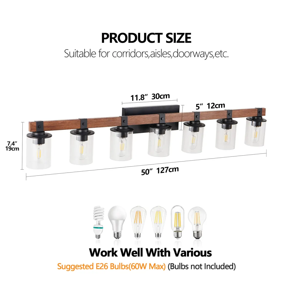 Wood vanity bar, 7 lights, walnut, dimension drawing 2