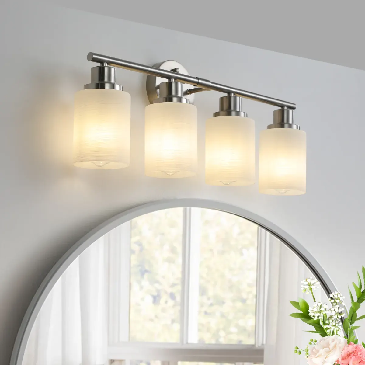 Frosted glass vanity sconce, 4 lights, chrome