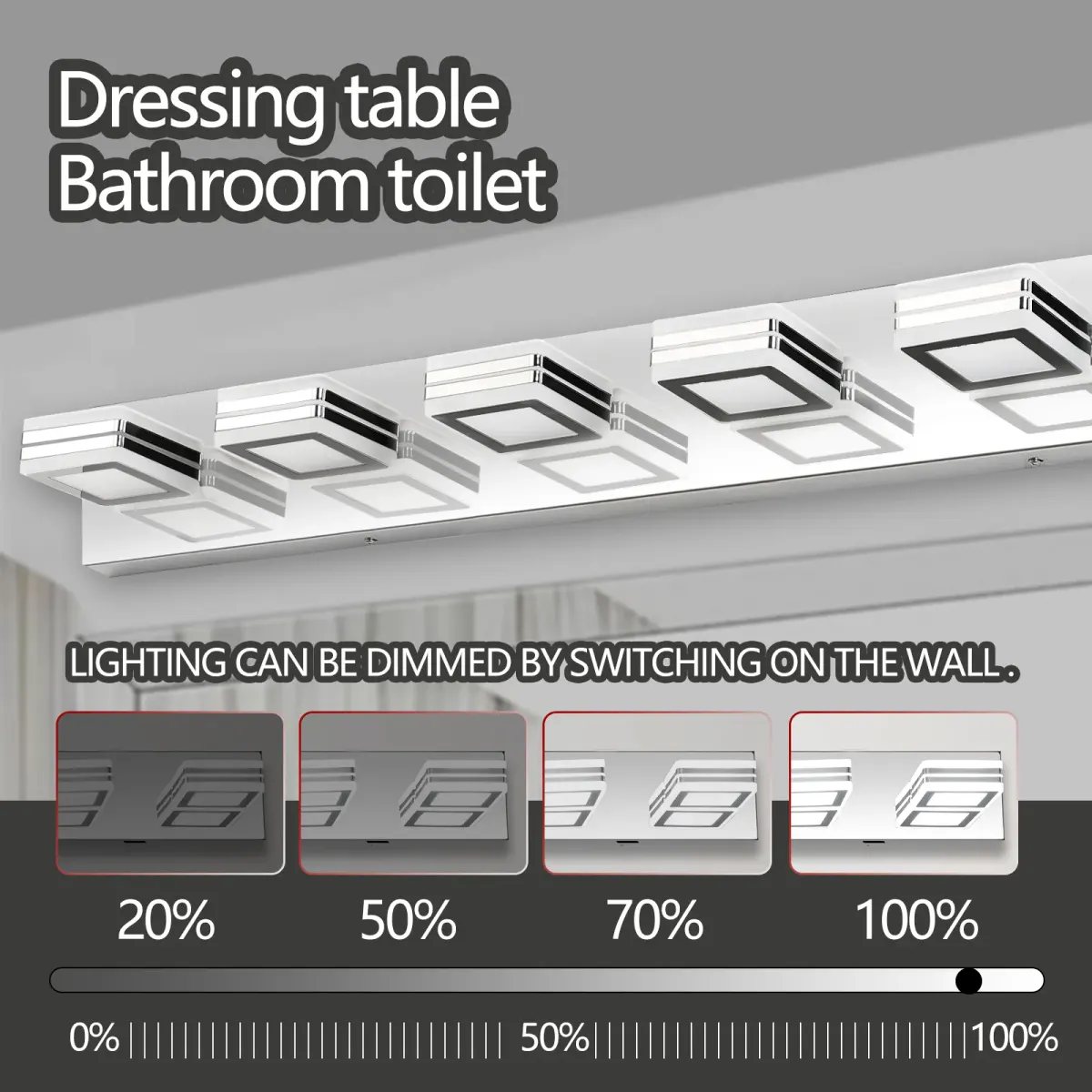 Square acrylic vanity bar, 6 lights, chrome, view 5